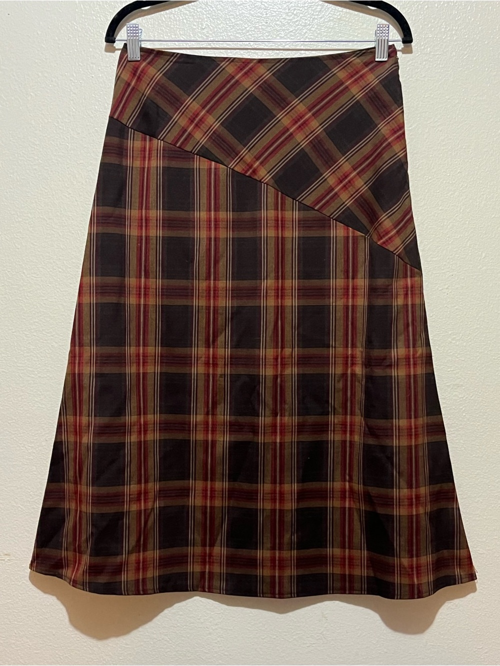 Vintage Plaid Midi Skirt Brown Red Y2K Preppy Fall